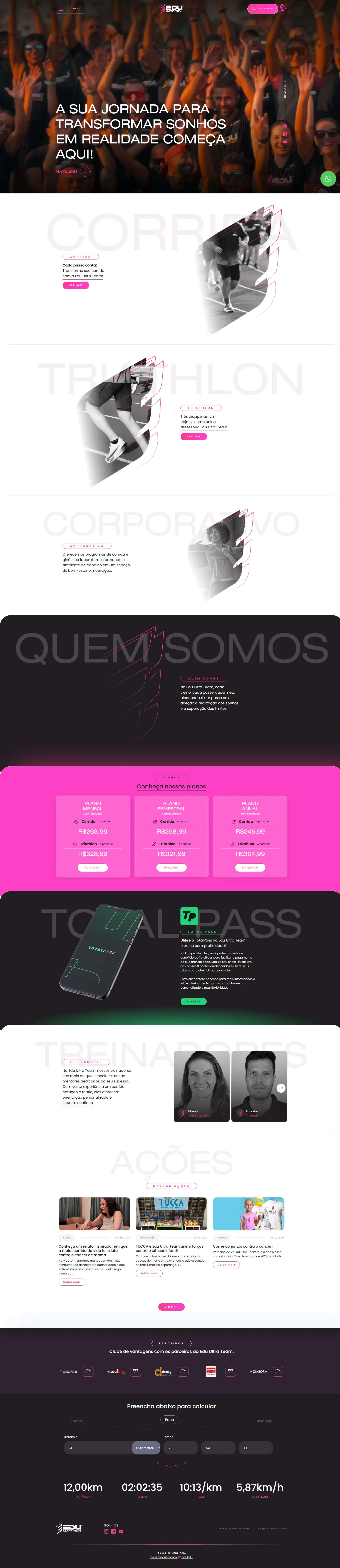 Screenshot completo do site institucional Edu Ultra Team com simulador de pace