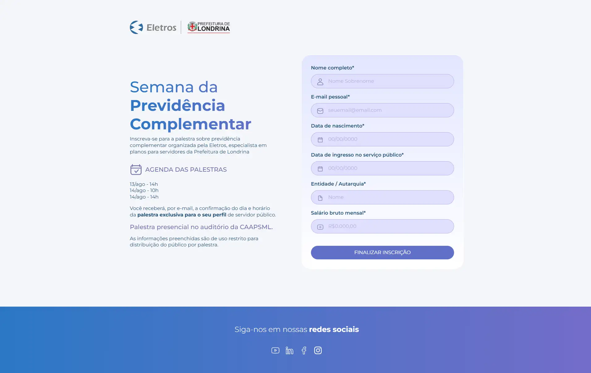 Screenshot completo da landing page Semana da Previdência Complementar da Eletros